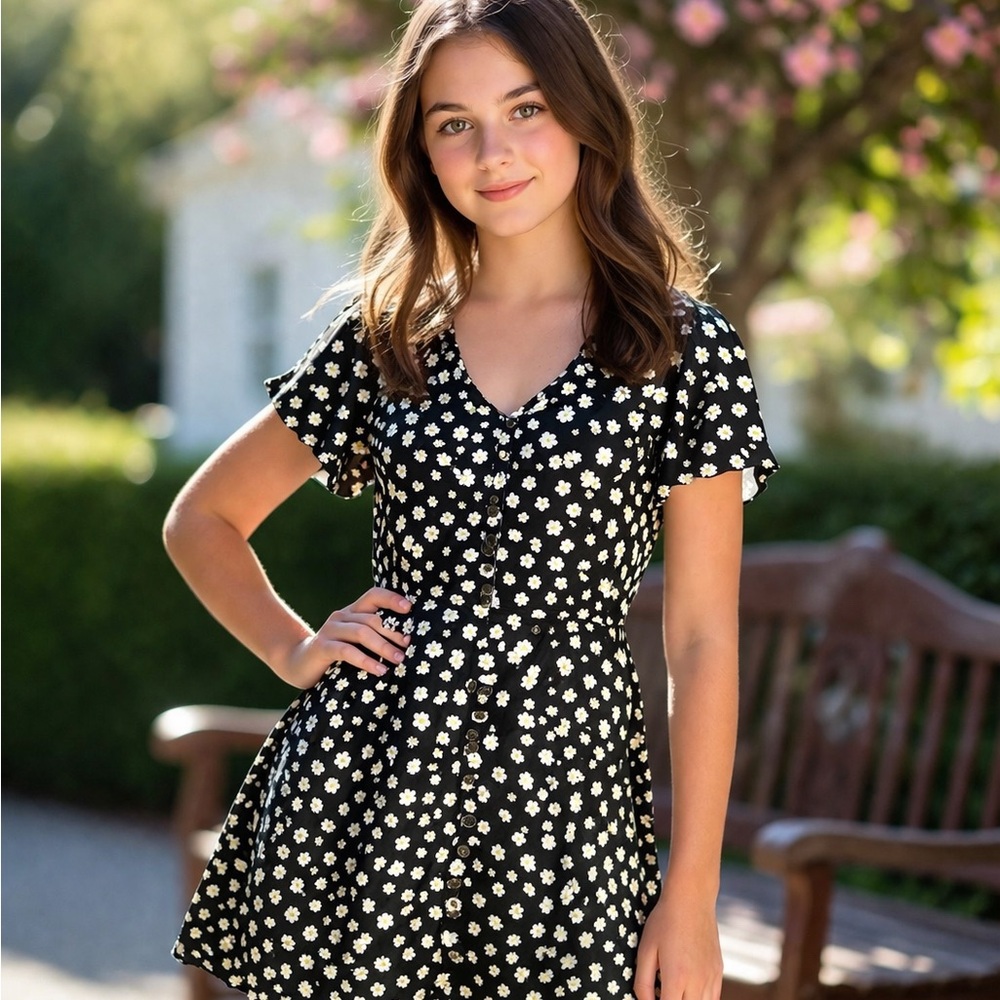 Rewind Black and White Floral Juniors Dress